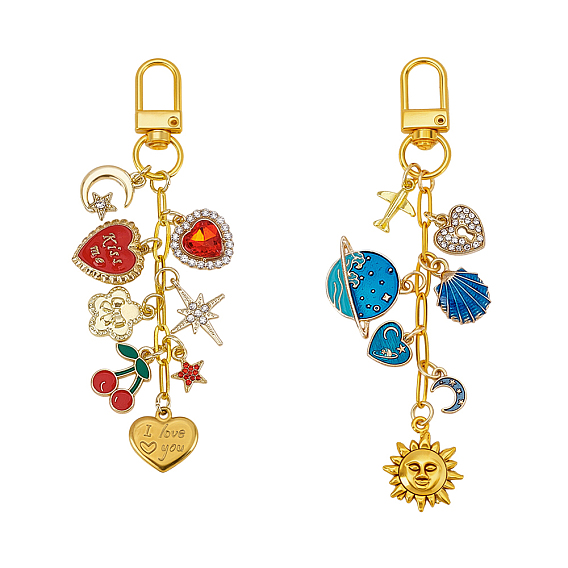 2шт. подвесные украшения из сплава эмали и стразов, разнообразные, с латунной цепочкой и поворотными застежками из сплава