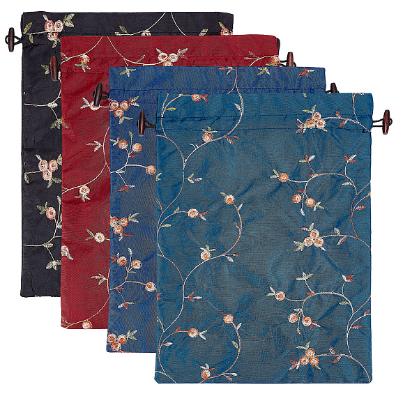 4 шт. 4 цвета вышитые цветы мешковина упаковочные мешочки сумки на завязках, на Рождество, свадьба и упаковка поделки, прямоугольные