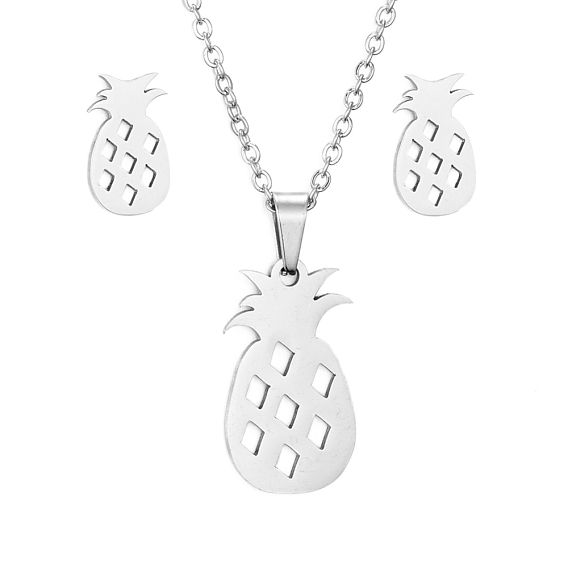 304 Stainless Steel Jewelry Sets, Pendant Necklaces and Stud Earrings, with Cable Chains, Earring Backs and Lobster Claw Clasps, Pineapple