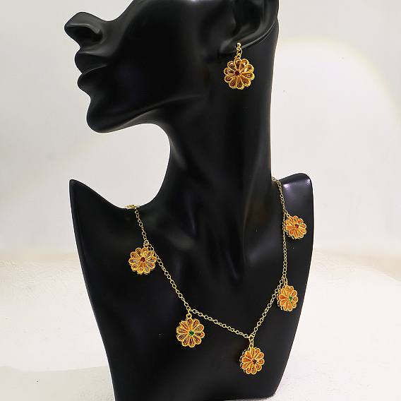 Vintage Brass Flower Pendant Necklace & Stud Earrings for Women