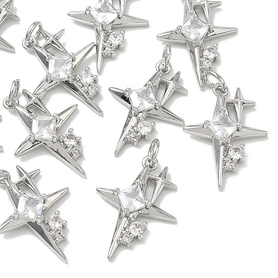 SHEGRACE Brass Pave Clear Cubic Zirconia Pendants, Star Charms, Cadmium Free & Lead Free & Nickel Free