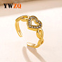 304 Stainless Steel Cuff Open Rings, Heart, with Rhinestone