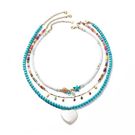 3Pcs 3Pcs Shell Pearl & Acrylic Heart & Enamel Pendant Necklaces Set, Dyed Synthetic Turquoise Starfish & Natural Shell Beaded Stackable Necklaces for Women