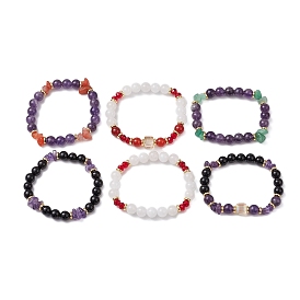 6Pcs Natural Mixed Gemstone Round & Chip Stretch Bracelets Sets for Women