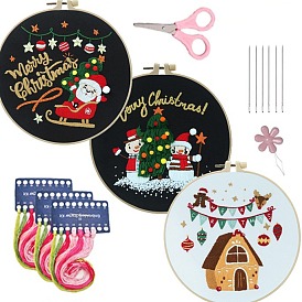 Kits de bordado de navidad diy, incluyendo tela e hilo de bordar, aguja, aro de bordado, hoja de instrucciones, tijeras