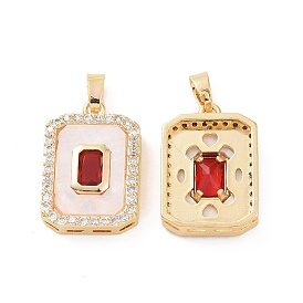 Brass Micro Pave Cubic Zirconia Pendants, with White Shell, Octagon Rectangle Charms