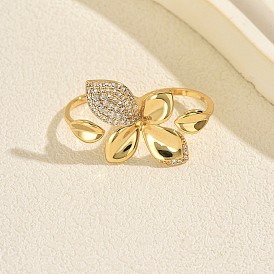 Brass Micro Pave Cubic Zirconia Cuff Open Rings for Women, Flower