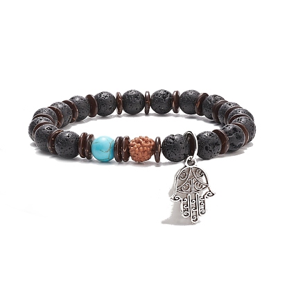 Bracelet perles mala avec main hamsa en alliage, bracelet extensible naturel rudraksha & pierre de lave & turquoise synthétique pour femme