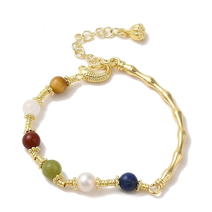 Brass Bamboo Link Bracelet, Natural Pearl & Mixed Gemstone Beaded Bracelet