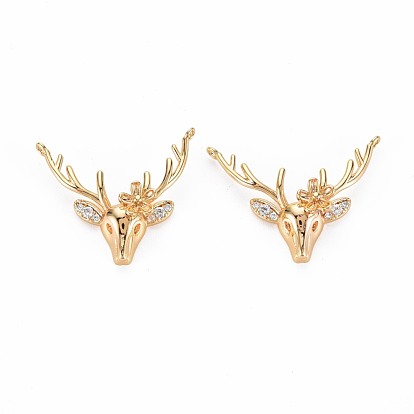 Brass Micro Pave Clear Cubic Zirconia Connector Charms, Nickel Free, Christmas, Deer Antler