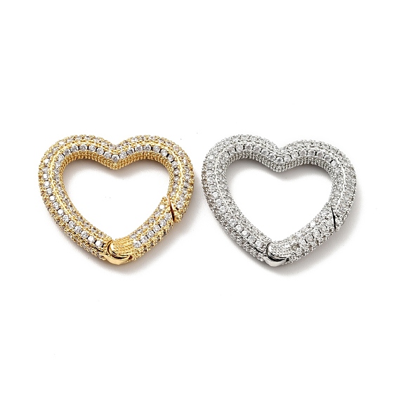 Brass Micro Pave Clear Cubic Zirconia Spring Gate Rings, Cadmium Free & Lead Free, Heart