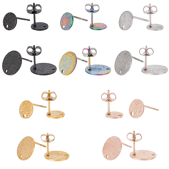 40Pcs 10 Style Flat Round Stud Earring Findings, with Ear Nuts/Earring Backs & Loop, Textured
