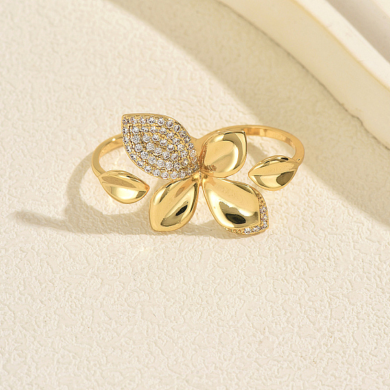 Brass Micro Pave Cubic Zirconia Cuff Open Rings for Women, Flower