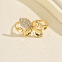 Brass Micro Pave Cubic Zirconia Cuff Open Rings for Women, Flower