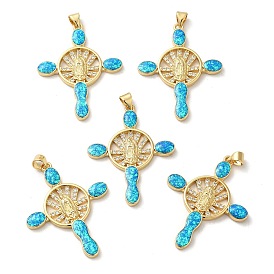 Rack Plating Brass Micro Pave Cubic Zirconia with Synthetic Opal Pendants, with Jump Ring, Lead Free & Cadmium Free, Long-Lasting Plated, Cross with Saint