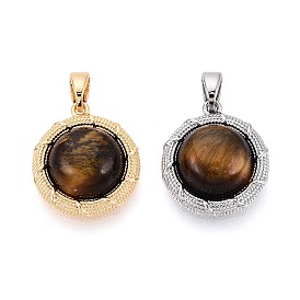 Природных тигровый глаз подвески, латунные плоские круглые подвески