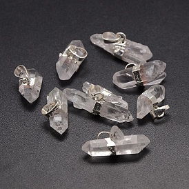 Подвески из натуральных кристаллов кварца, горного хрусталя, с металлизированной латунной фурнитурой, 20~38x12~14x7~14 мм, отверстие : 5x8 мм