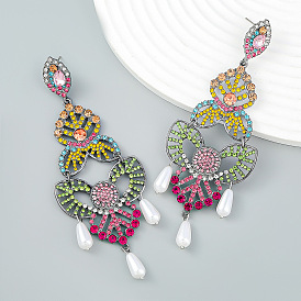 Stylish Multi-layered Geometric Alloy Earrings with Colorful Gems and Pearl Drops for Women - A Heavenly Accessory!