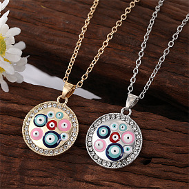 Blue Devil Eye Pendant Necklace with Alloy and Rhinestone, Unique Round Base Collarbone Chain Jewelry