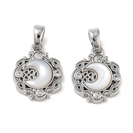 Brass Micro Pave Cubic Zirconia Charms, with Shell, Moon with Flower