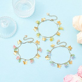 304 Stainless Steel Link Charm Bracelets, Butterfly, with Glass & Acrylic for Women, Golden