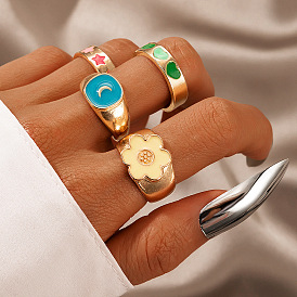 Boho Chic Colorful Moon and Star Ring Set with Heart Detail - Fashionable Statement Jewelry for Women