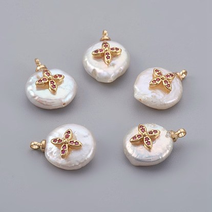 Подвески из натурального пресноводного жемчуга, с кубического циркония и латуни выводов, долговечный, цветок, реальный 18 k позолоченный