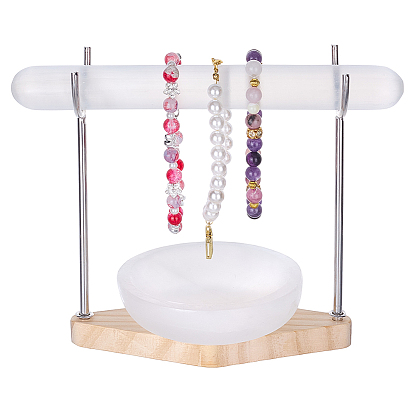1 Set Iron Display Stands with Rhombus Wooden Base for Natural Selenite Bar, with 1Pc Natural Gesso Decorative Bowl and 1Pc Natural Selenite Round Stick