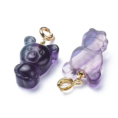 Carved Natural Fluorite Pendants, with Brass Spring Ring Clasps, Long-Lasting Plated, Bear