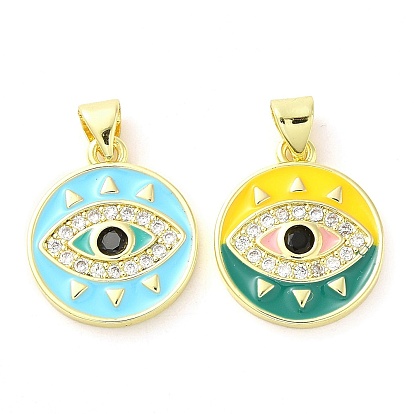 Real 18K Gold Plated Brass Clear Cubic Zirconia Pendants, with Enamel and Glass, Flat Round with Evil Eye