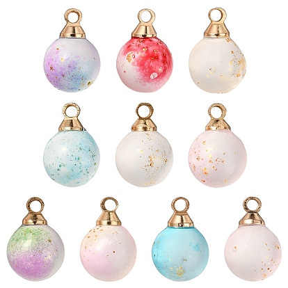 10Pcs 7 Style Two Tone Transparent Spray Painted Glass Pendants, with Light Gold Plated Brass Loop, Frosted, with Glitter Powder, Round Charms