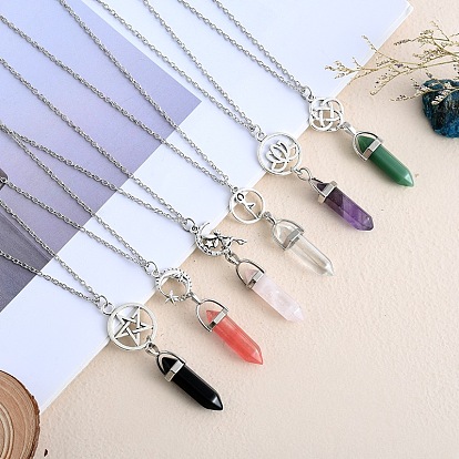 Halsketten mit Anhänger aus Naturstein, sechseckigem Prisma, spitz zulaufendem, facettiertem Kugel- und Legierungsanhänger für Damen, Platin Farbe