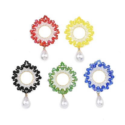 Glass & Brass Pendants, Ring with Teardrop Charms, with ABS Plastic Pearl, Faceted
