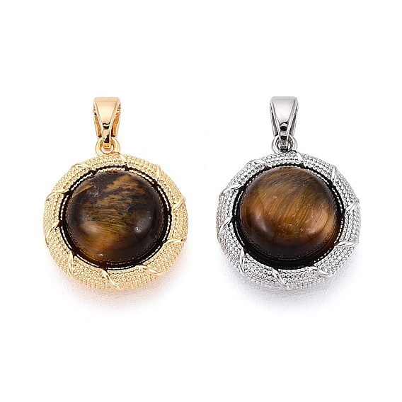 Природных тигровый глаз подвески, латунные плоские круглые подвески