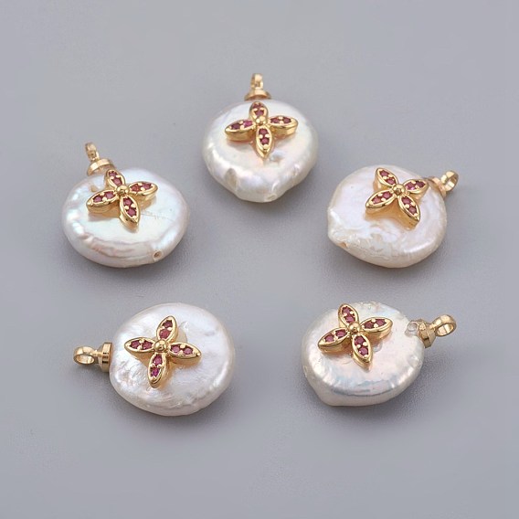 Подвески из натурального пресноводного жемчуга, с кубического циркония и латуни выводов, долговечный, цветок, реальный 18 k позолоченный