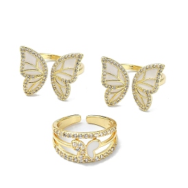 Rack Plating Real 18K Gold Plated Brass Rings, with Cubic Zirconia and Enamel, Long-Lasting Plated, Lead Free & Cadmium Free, Butterfly