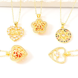 Gold-plated Copper Double-sided Pendant Necklace with Zirconia and Hollow Flower Heart Design