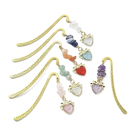 6Pcs 6 Style Natural Gemstone Beaded Pendant Bookmarks with Acrylic Heart, Tibetan Style Zinc Alloy Hook Bookmarks