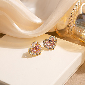 Minimalist Silver Needle Heart-shaped Earrings with Sparkling Diamonds and Colorful Hollow Design