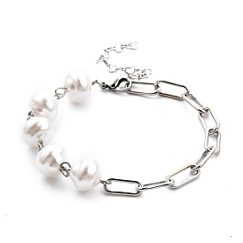 White Plastic Imitation Pearl Links Bracelets, with Iron Paperclip Chains and 304 Stainless Steel Lobster Claw Clasps