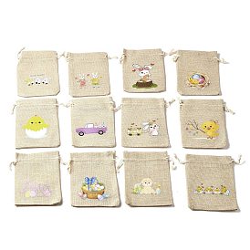 12 шт 12 стили пасхальное яйцо цыпленок кролик напечатанный прямоугольник мешковина ткань упаковочные мешочки, шнурок сумки, пшеничный цвет