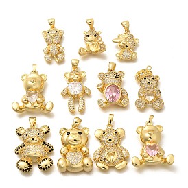 Rack Plating Brass Micro Pave Cubic Zirconia Pendants, Long-Lasting Plated, Lead Free & Cadmium Free, Bear Charms