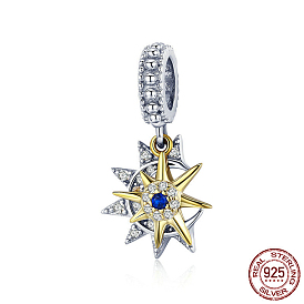 925 Sterling Silver European Dangle Charms, Large Hole Pendants, with Cubic Zirconia, Sun with Star