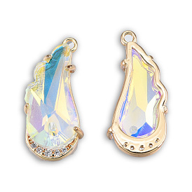 Electroplate K9 Glass Pendants, with Light Gold Plated Brass Findings and Clear Cubic Zirconia, Cadmium Free & Lead Free, Faceted, Wing