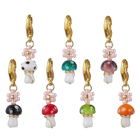 Mushroom Handmade Lampwork & Flower Glass Seed Beads Pendant Decorations, with Alloy Lobster Claw Clasps