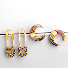 Colorful CZ Crescent Moon Stud Earrings for Women
