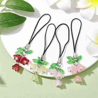 Glass Mobile Straps, with Transparent Acrylic Charms and Baking Painted Glass Pearl Beads and Mobile Phone Strap, Lily Flower