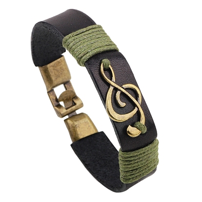 Alloy Musical Note Link Bracelet with Leather Cords, for Men