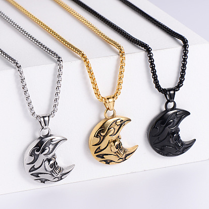 Ретро 304 ожерелья из нержавеющей стали с подвеской в виде черепа, луны и полумесяца для мужчин