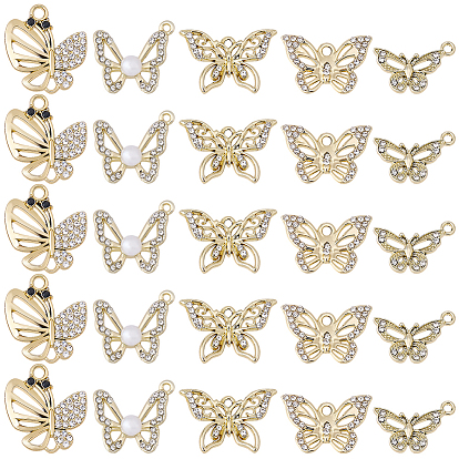 40 шт. 5 стили подвески из сплава с УФ-покрытием, со стразами и пластиковыми бусинами из искусственного жемчуга, без свинца и без кадмия, бабочка